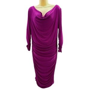 💚NEW Express Fuchsia Ruched Long Sleeve Scooped Neck Midi Dress, Size Large